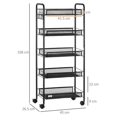 HOMCOM Five-Steel Mesh Basket Storage Trolley, with Wheels - Black 