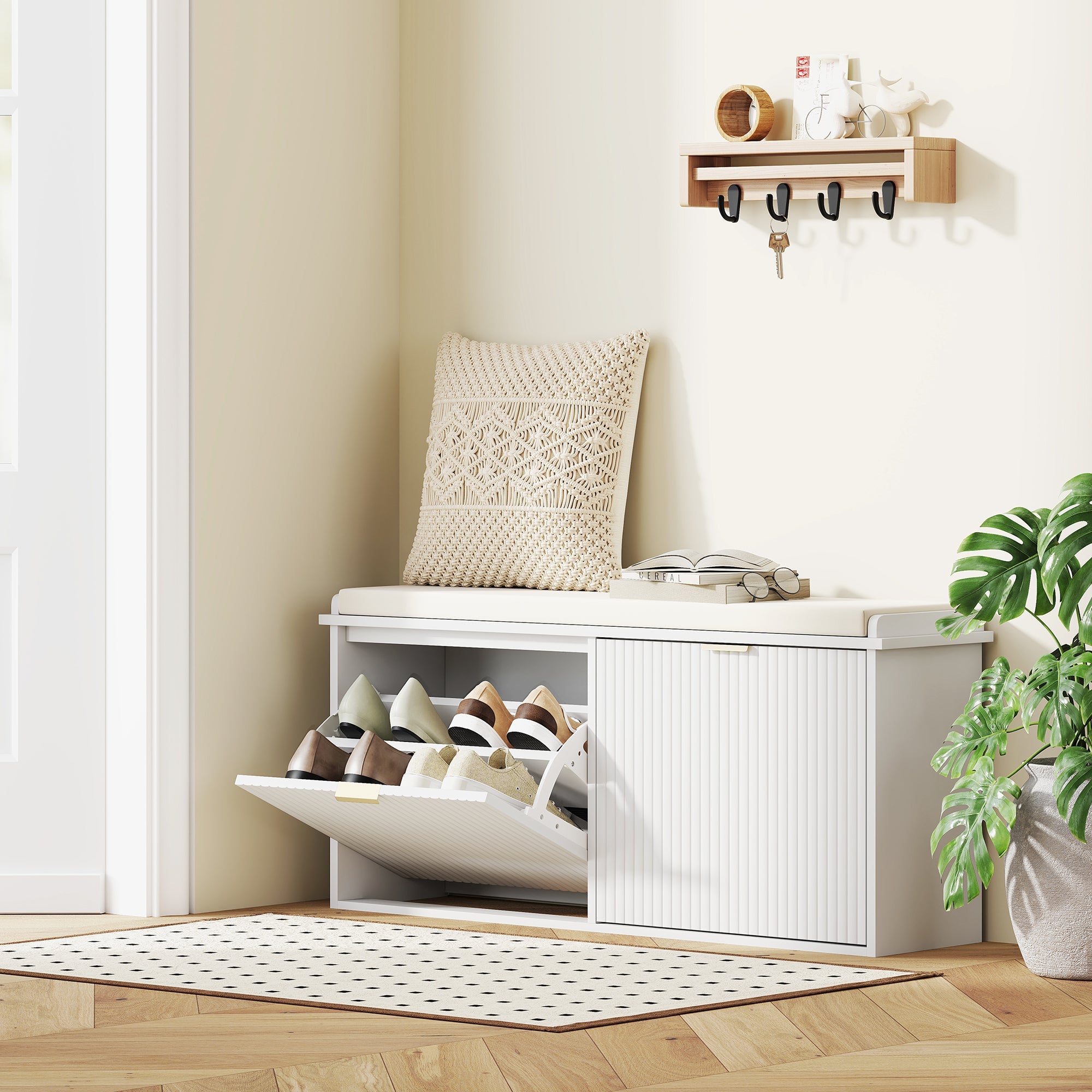 HOMCOM Elegant Ten Shoe Bench, with Top Seat - White 