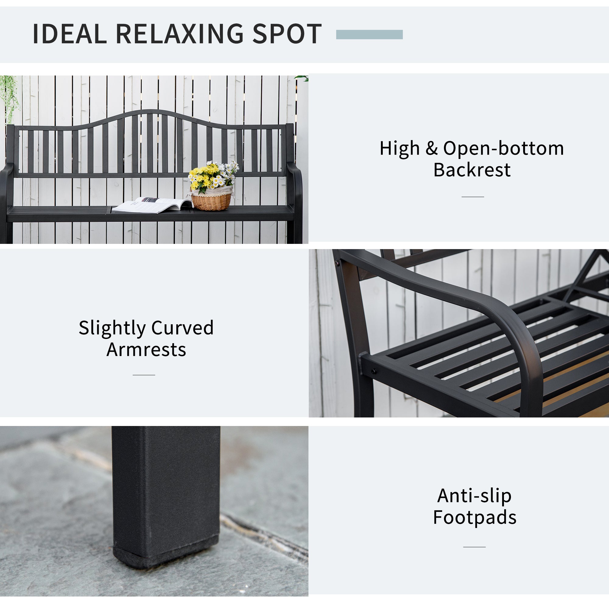 Outsunny Metal Outdoor Bench with Liftable Middle Table, Patio Loveseat, Garden Bench for Garden, Porch, Seats 2–3 People, Black 