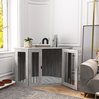 PawHut 2 in 1 Dog Crate Furniture Side Table, with Cushion, 122 x 61 x 71cm - Grey 