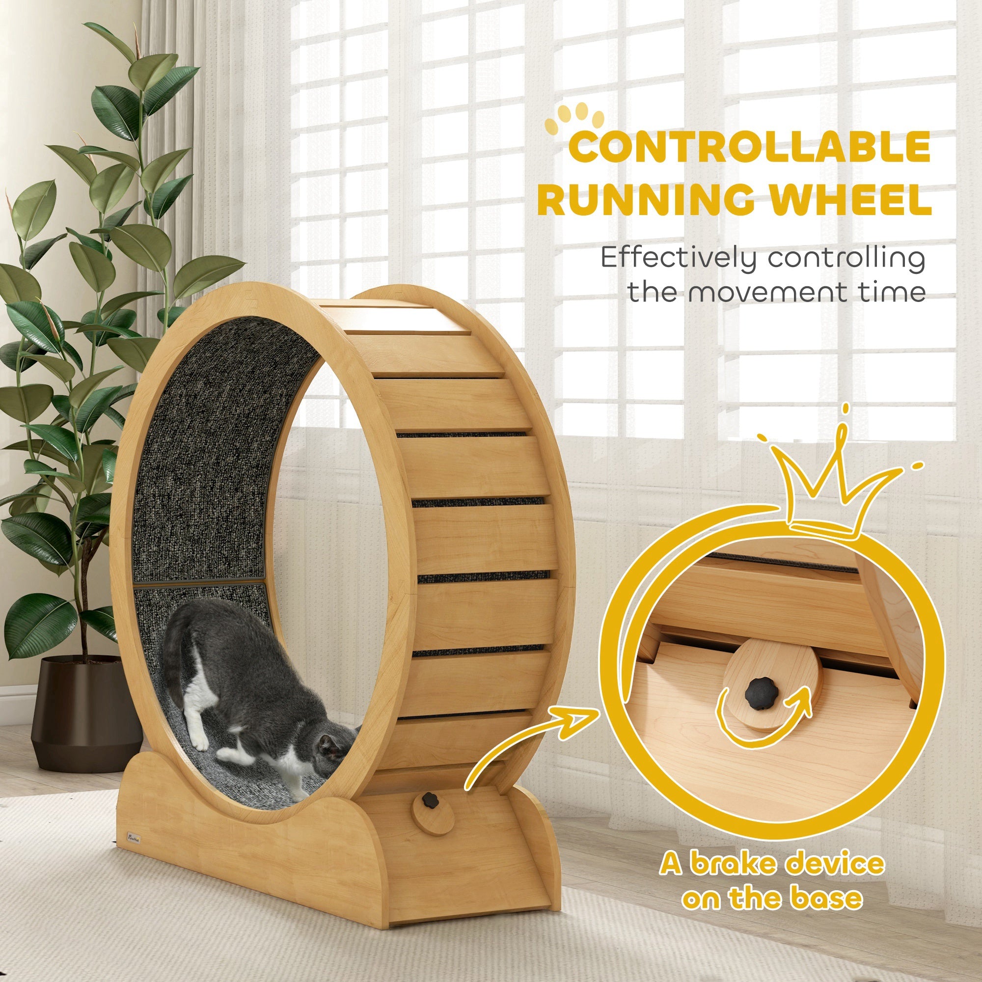 PawHut 39.4" Wooden Cat Running Wheel with Brake, Natural 