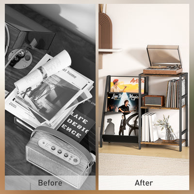 HOMCOM 3-Tier Record Player Stand, End Table for Living Room, Bedroom - Rustic Brown 