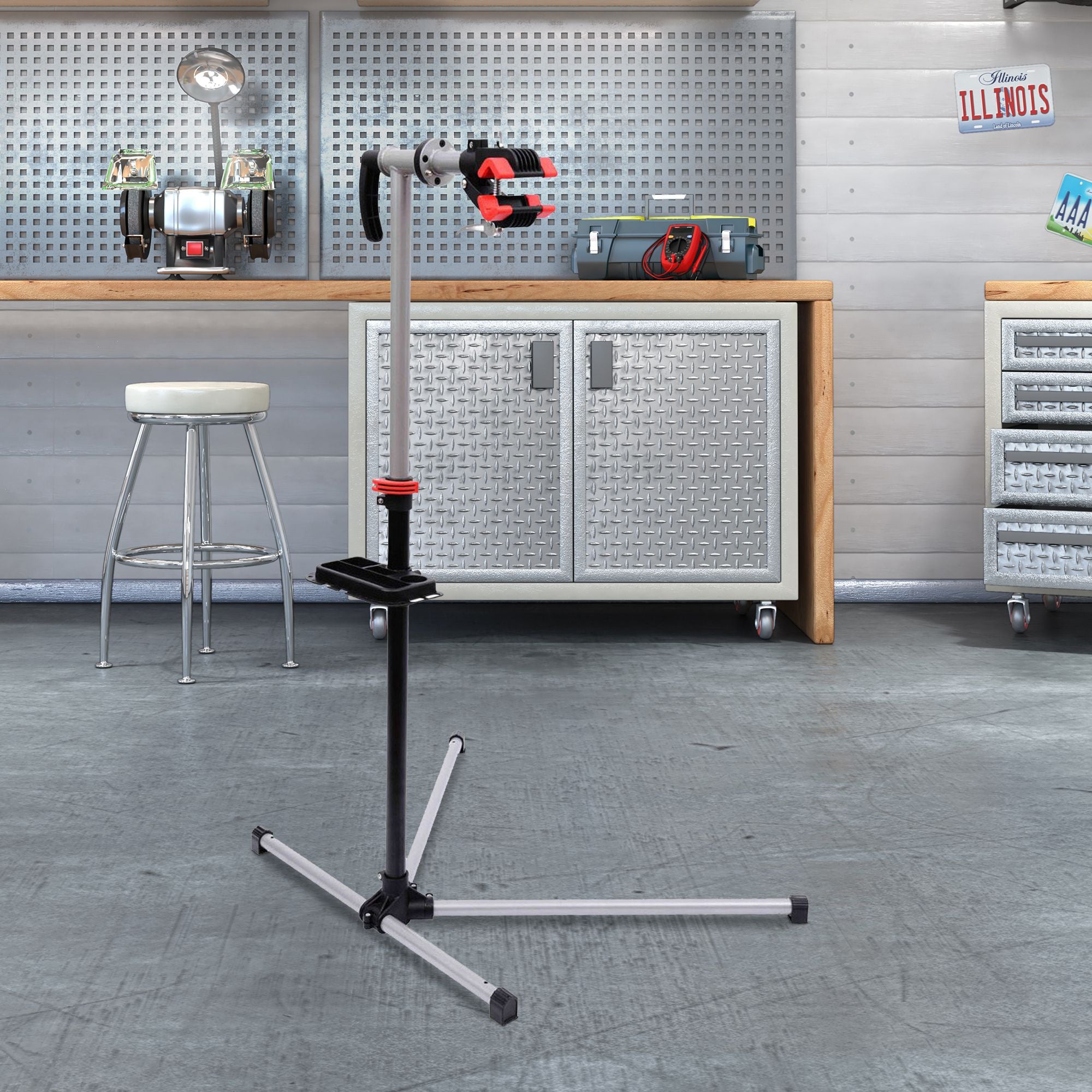 HOMCOM Bike Repair Stand Workstation, Bicycle Maintenance Workstand, Height Adjustable, with Tool Tray & 360° Rotating Adjustable Clamp for Home Mechanic Workshop 