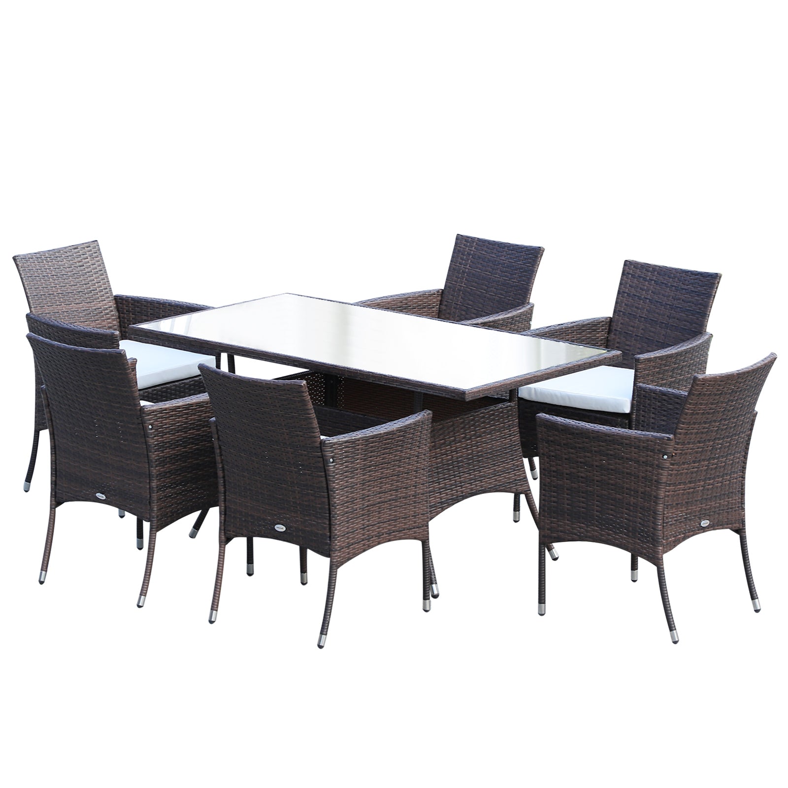 Outsunny 6 Seater Rattan Dining Set with Cushions, Rattan Garden Furniture Set with 6 Armchairs, Rectangular Glass Top Table, Outdoor Dining Table and Chairs, Brown 