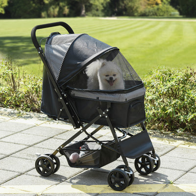 PawHut Pet Stroller Pushchair Foldable Travel Dog Cat Carriage w/ Reversible Handle Brake Basket 