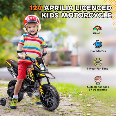AIYAPLAY 12V Aprilia Licenced Kids Motorbike with Training Wheels, Spring Suspension, LED Light, USB, Music, Yellow 