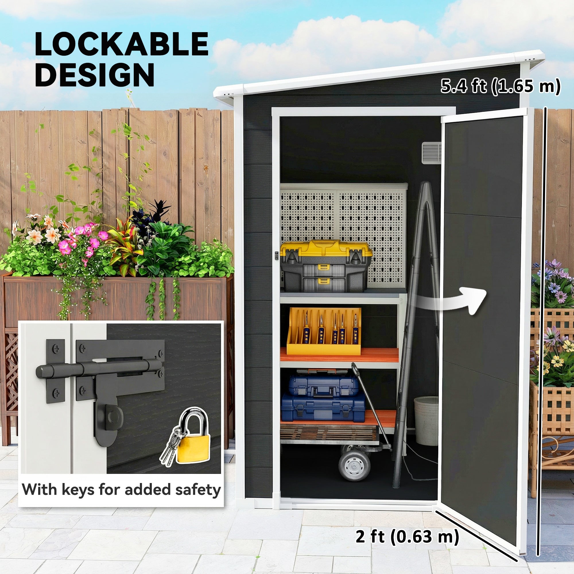 Outsunny 4'x5' Garden Storage Shed, Lean to Shed, Lockable Garden Shed with Window, Vent and Plastic Roof, Black 