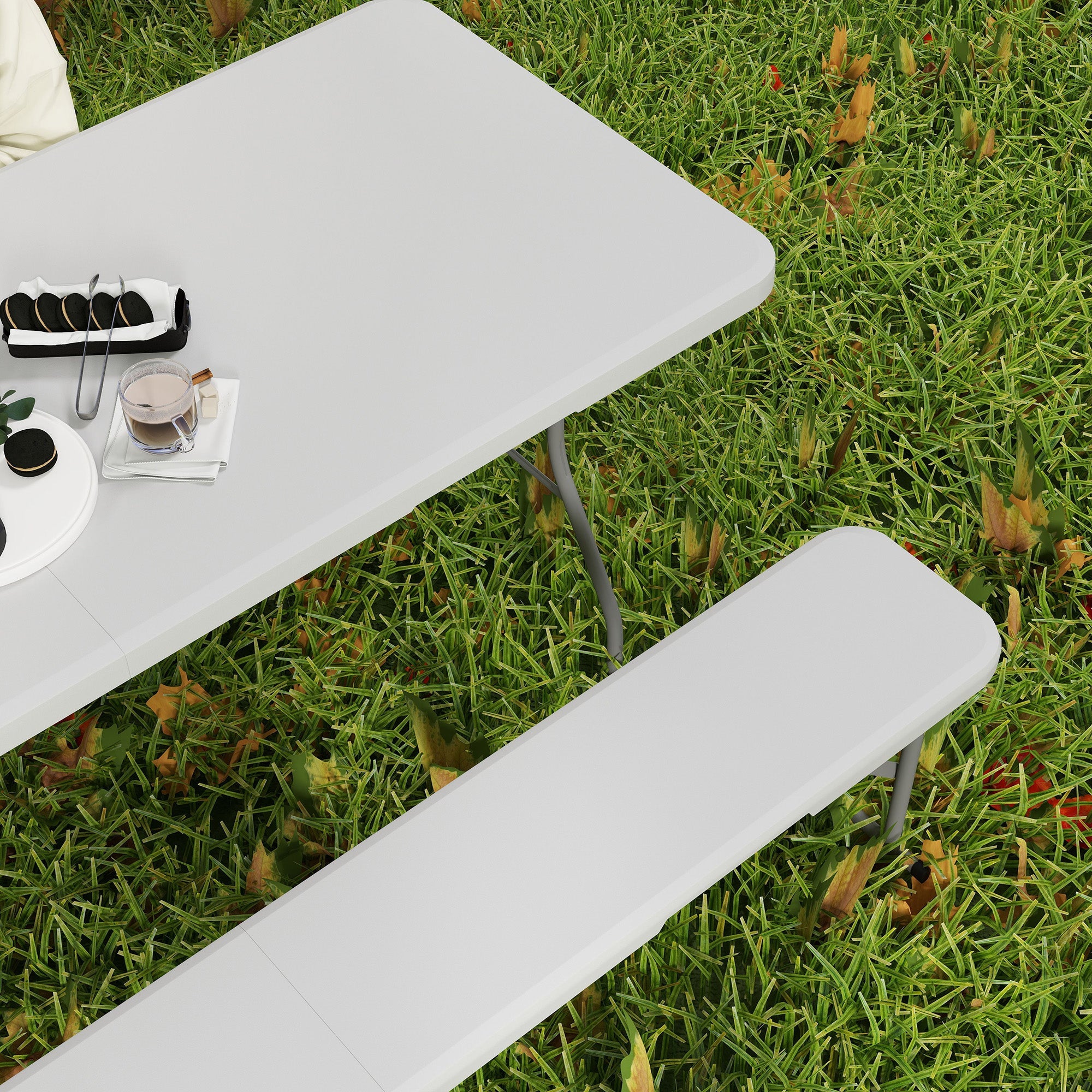 Outsunny 3 Piece 6ft Folding Picnic Table and Bench Set, Portable HDPE Camping Table and Chairs with Carrying Handles for Indoor Outdoor, Dining, Camping, Picnic, BBQ, Party, White 