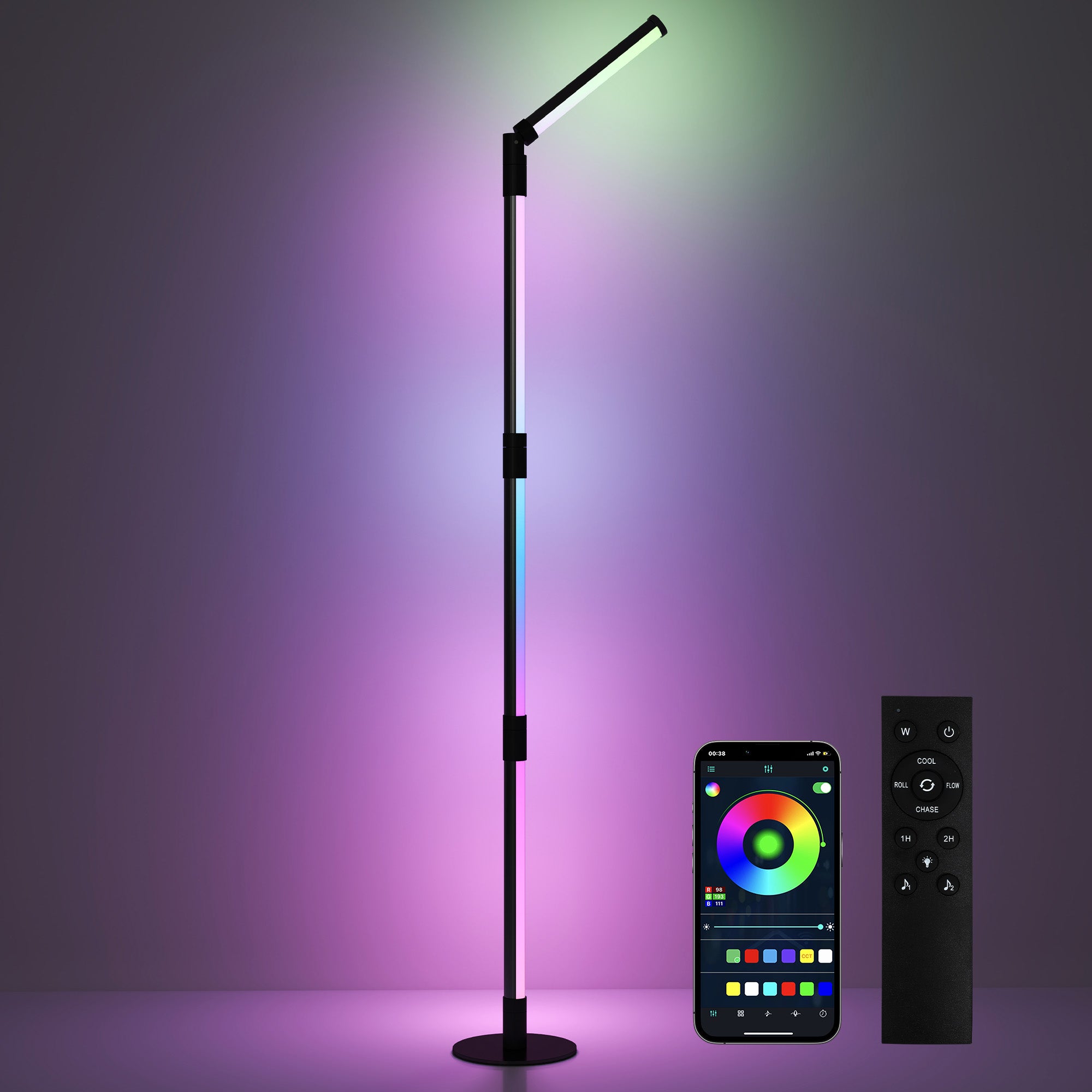 HOMCOM LED Floor Lamp, 360\'c2\'b0 RGB Detachable Corner Floor Lamp with App & Remote Control, Colour Changing Standing Lamp with Music Sync & Timing, for Living Room, Game Room, Dark Grey