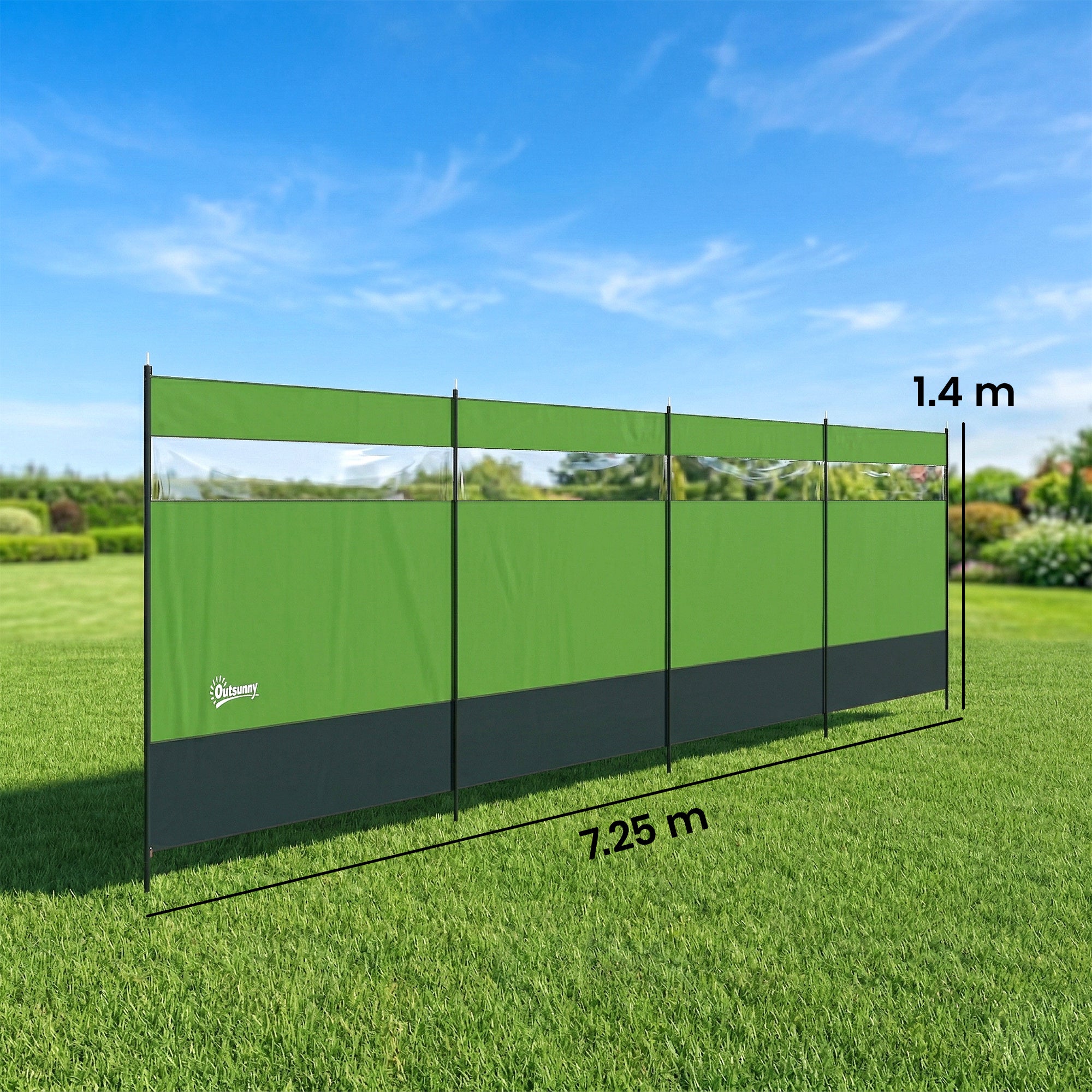 Outsunny Camping Windbreaker with Clear Windows, Carry Bag and Steel Poles, for Beach Caravan Campervan, 725 x 140cm, Army Green 