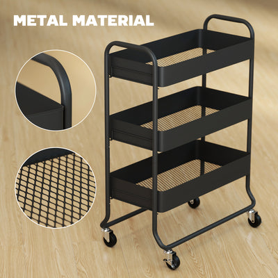 HOMCOM 3-Tier Storage Trolley on Wheels, Rolling Utility Cart with Mesh Backets for Kitchen, Bathroom, Bedroom, Black 
