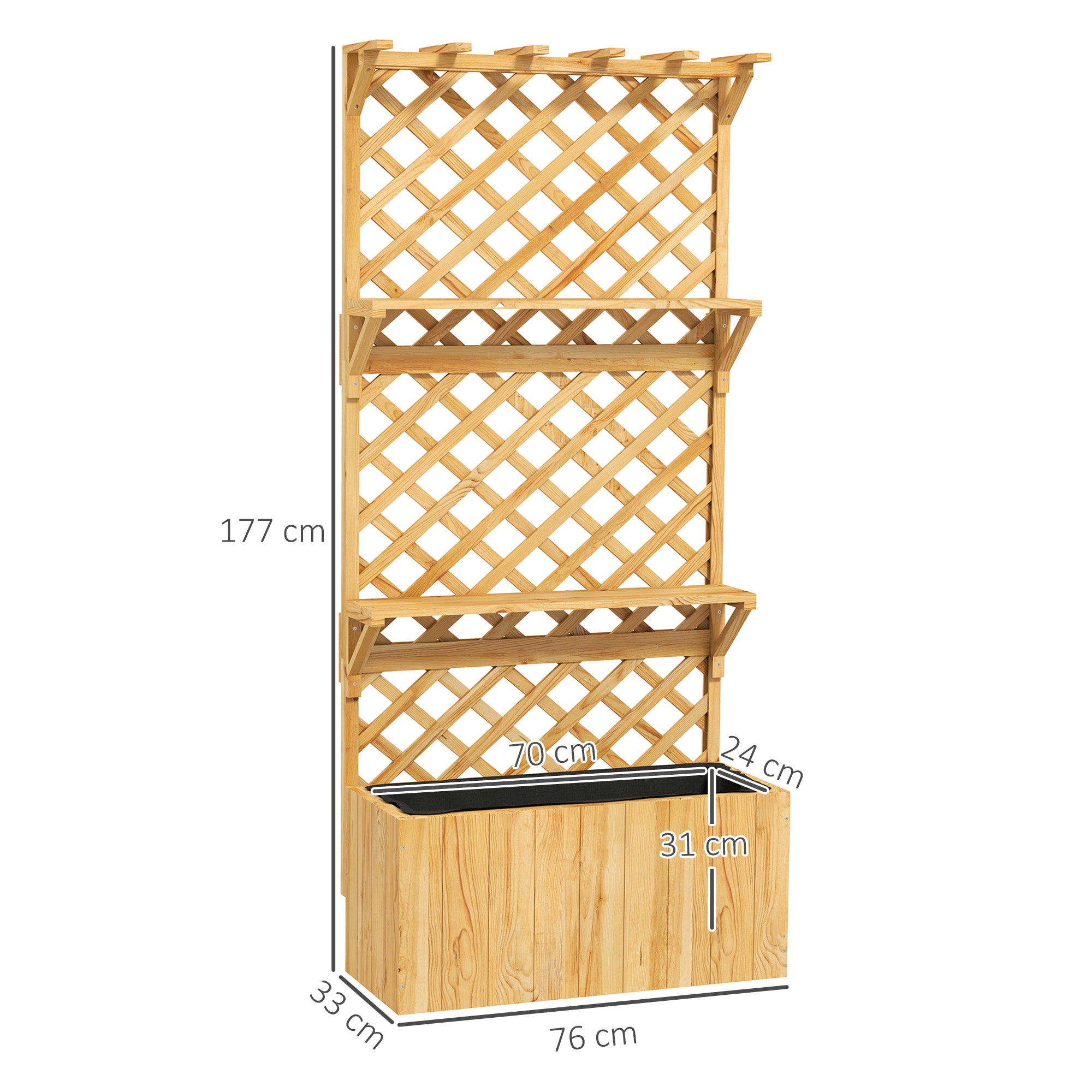 Outsunny 52L Wooden Planter, with Trellis and Shelves - Natural Finish 