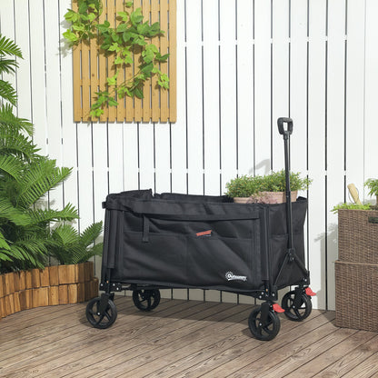 Outsunny Folding Trolley on Wheels, 150L Collapsible Wagon Festival Trolley Cart with Openable Sides, Adjustable Handle and Brakes for Shopping Camping Beach and Garden, Black 