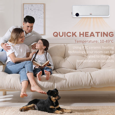 HOMCOM Wall Downflow Heater 2 Heat and Fan 1000W/2000W, Electric Space Heater with Timer Remote Oscillating, for Bedroom Home Office, White and Silver 