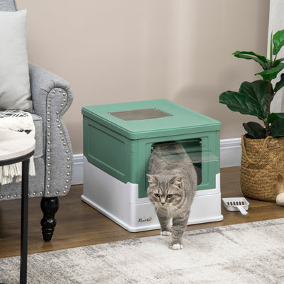 PawHut Hooded Cat Litter Box, Portable Pet Toilet, with Scoop, Front Entry - Green 