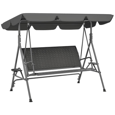 Outsunny 3 Seater Swing Chair, Garden Swing Seat Bench with Adjustable Canopy, Rattan Seat and Steel Frame for Patio, Yard, Grey 