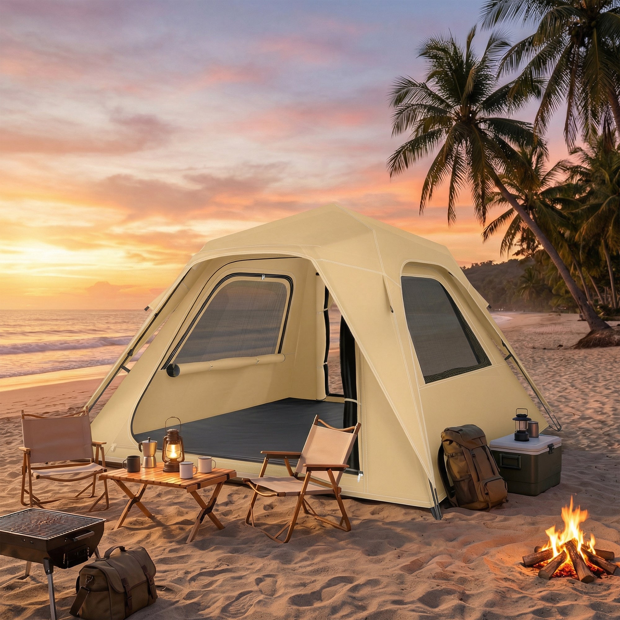 Outsunny Pop Up Tent 3000mm Waterproof Camping Tents with Mesh Windows 2-3 People Khaki 