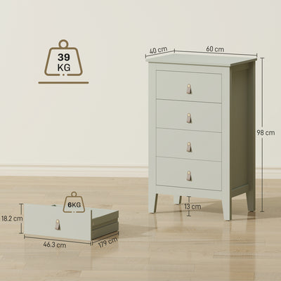 HOMCOM Bedroom Chest of Drawers, Modern 4 Drawer Dresser Cabinet with PU Leather Handles and Metal Runners for Living Room, Hallway, Entryway, Green 