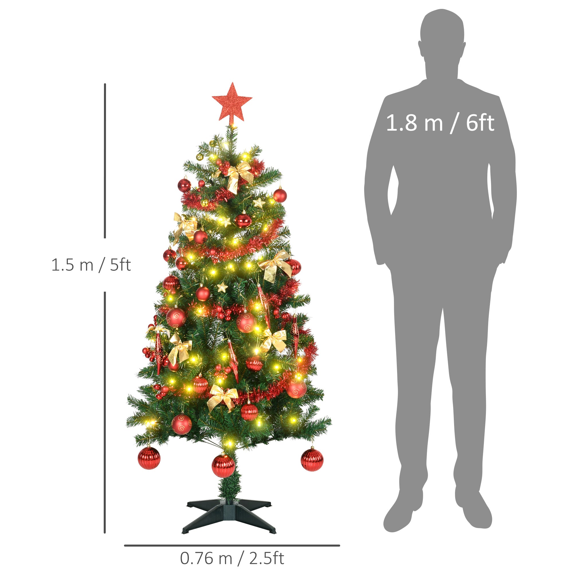 HOMCOM 5' Artificial Prelit Christmas Trees Holiday D\'c3\'a9cor with Warm White LED Lights, Auto Open, Tinsel, Ball, Star