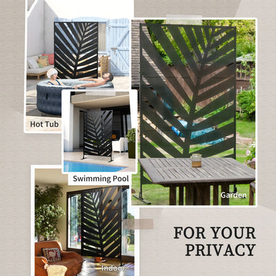 Outsunny Decorative Privacy Screen with Stand, 6.5FT Freestanding Metal Outdoor Divider, Decorative Privacy Panel with Expansion Screws for Garden Patio Pool Hot Tub, Banana Leaf Style, Black 