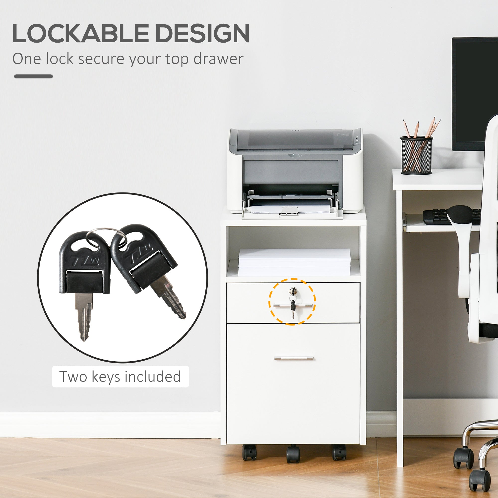 Vinsetto Lockable Two-Drawer Filing Cabinet, with Wheels - White 