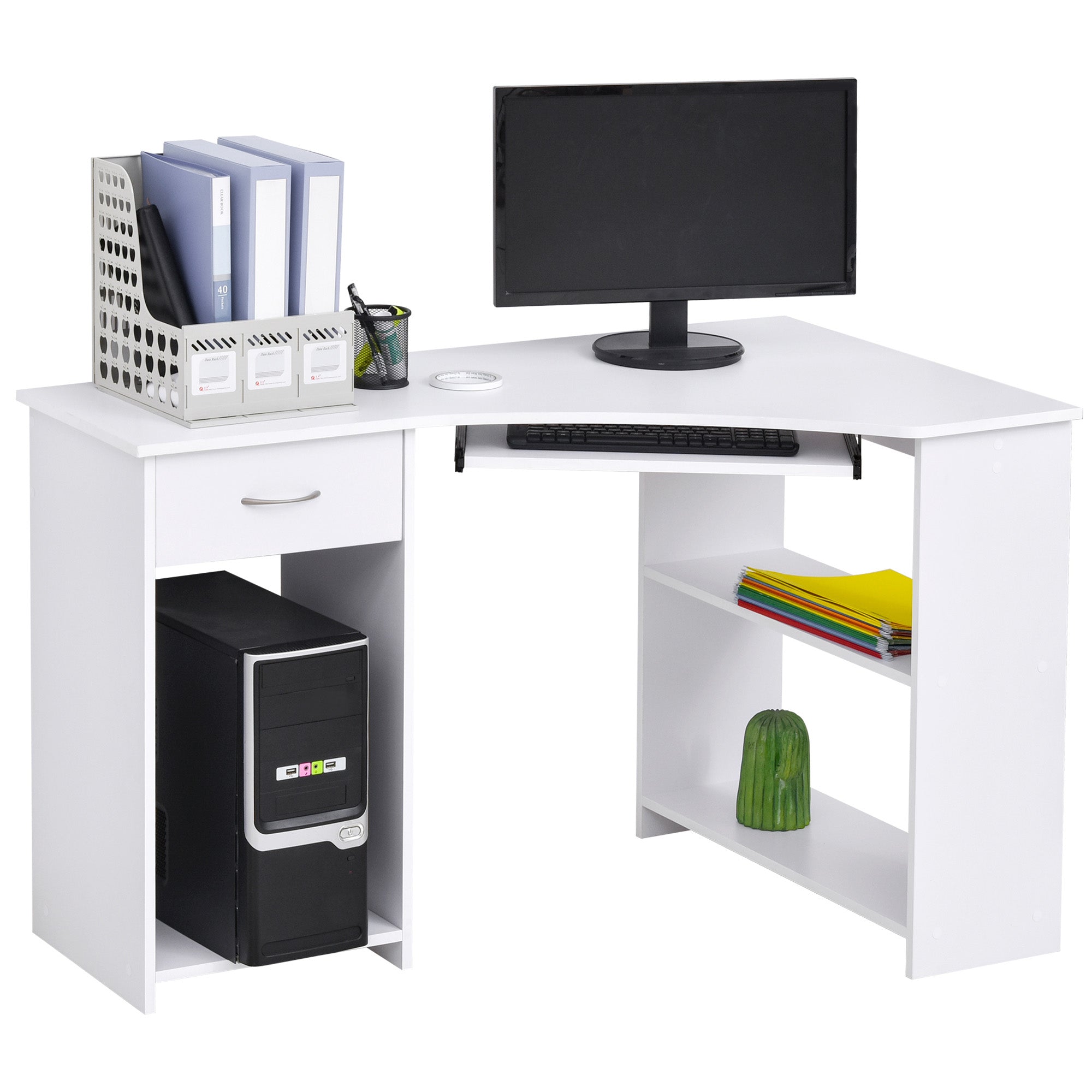 HOMCOM L-Shaped Corner Computer Desk w/ 2 Shelves Wide Worktop Keyboard Tray Drawer & CPU Stand Home Office Study Bedroom Furniture White 