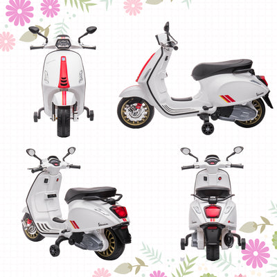 AIYAPLAY 12V Vespa Licensed Kids Electric Motorbike w/ Music, Headlights, FM Radio, for 3-6 Years - White 