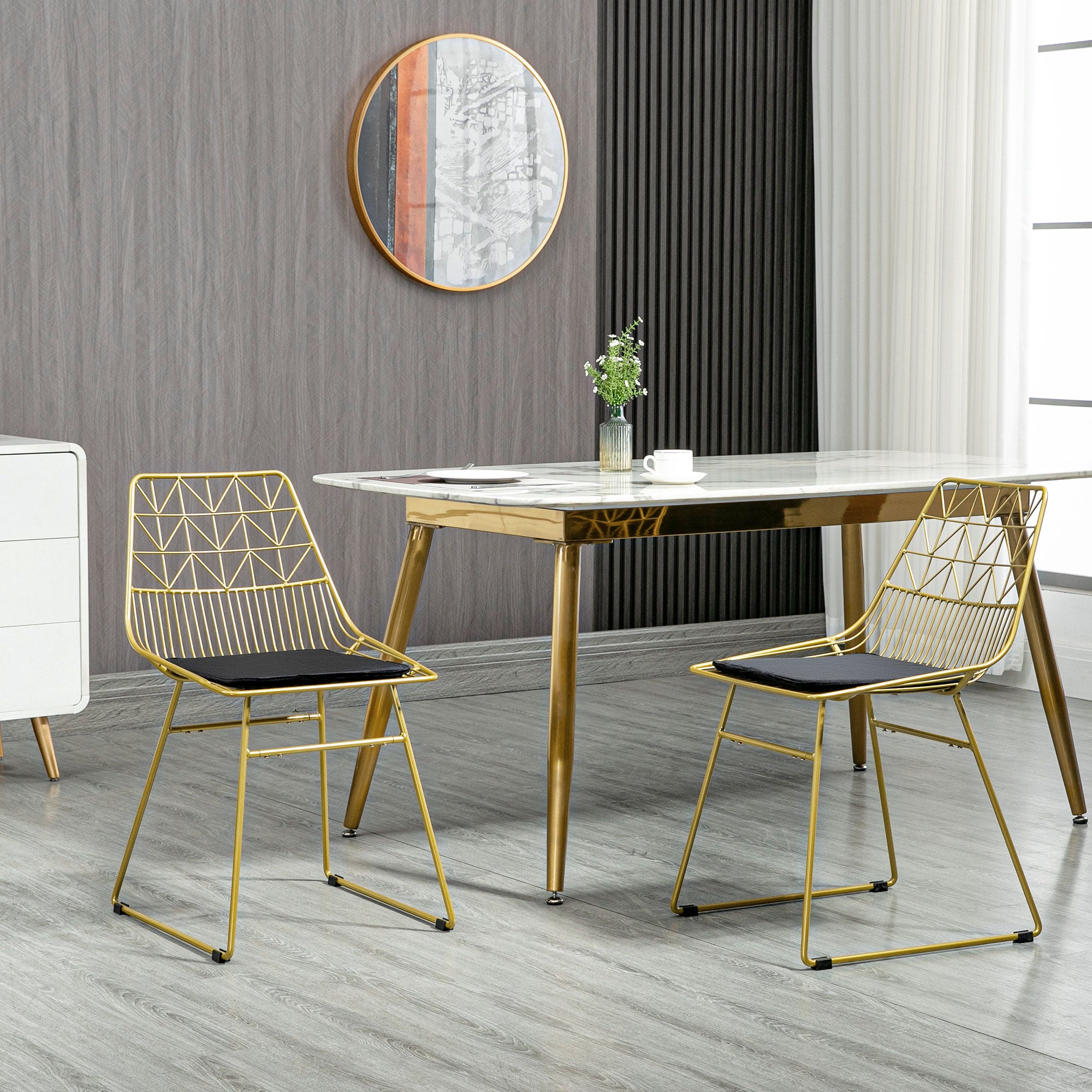 HOMCOM Luxurious Dining Chairs Set of 2, Metal Wire Kitchen Chair with Removable Velvet-feel Cushion, Cut-out Back and Steel Frame for Dining Room, Gold Tone 