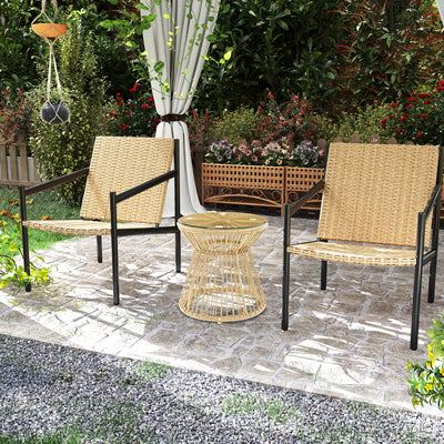 Outsunny Round End Table, Rattan Side Table, Hollow Drum Design Coffee Table w/ Glass Tabletop for Patio, Garden, Balcony Natural 
