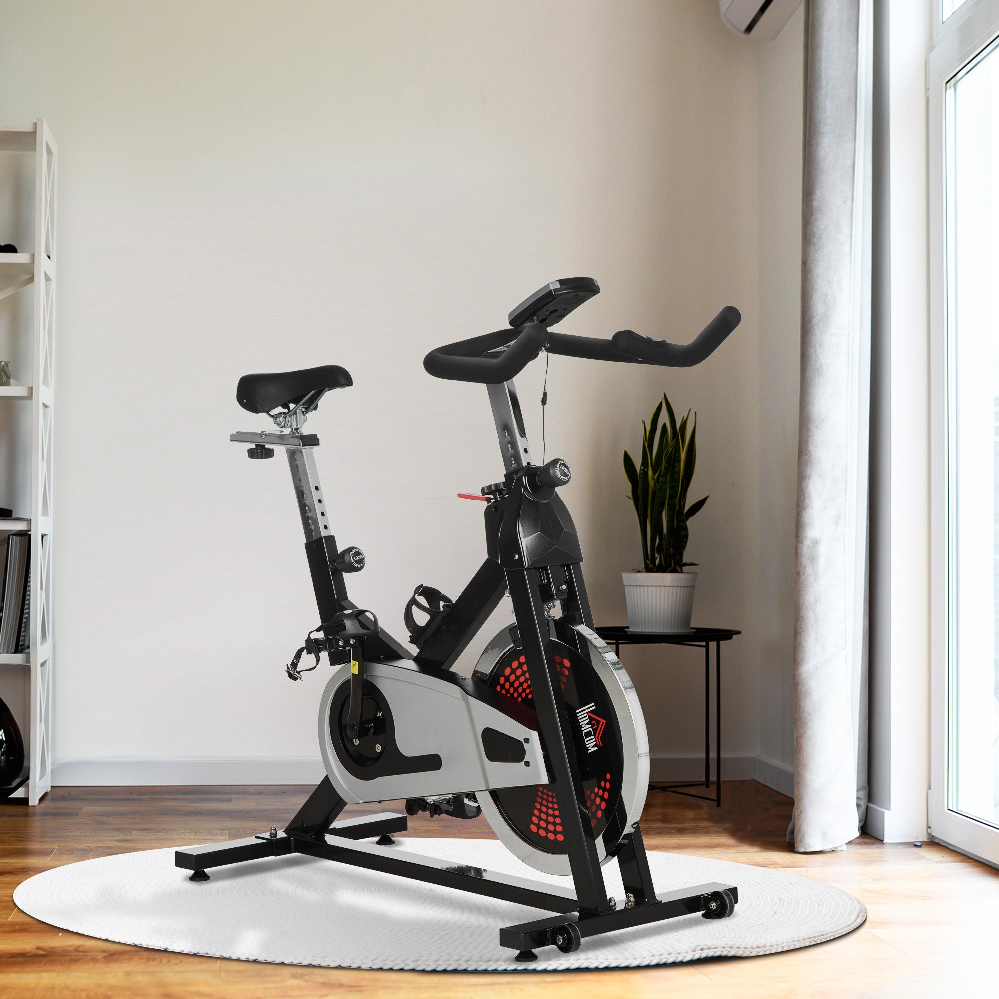 HOMCOM Indoor Exercise Bike, Stationary Bike, Cycling Machine with Adjustable Seat & Resistance, Wheels, 18kg Flywheel, Cup Holder and LCD Monitor
