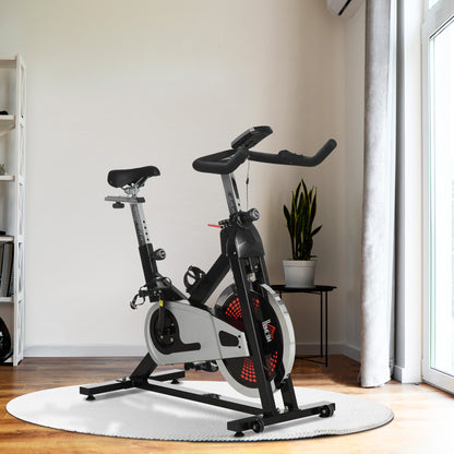 HOMCOM Indoor Exercise Bike, Stationary Bike, Cycling Machine with Adjustable Seat & Resistance, Wheels, 18kg Flywheel, Cup Holder and LCD Monitor