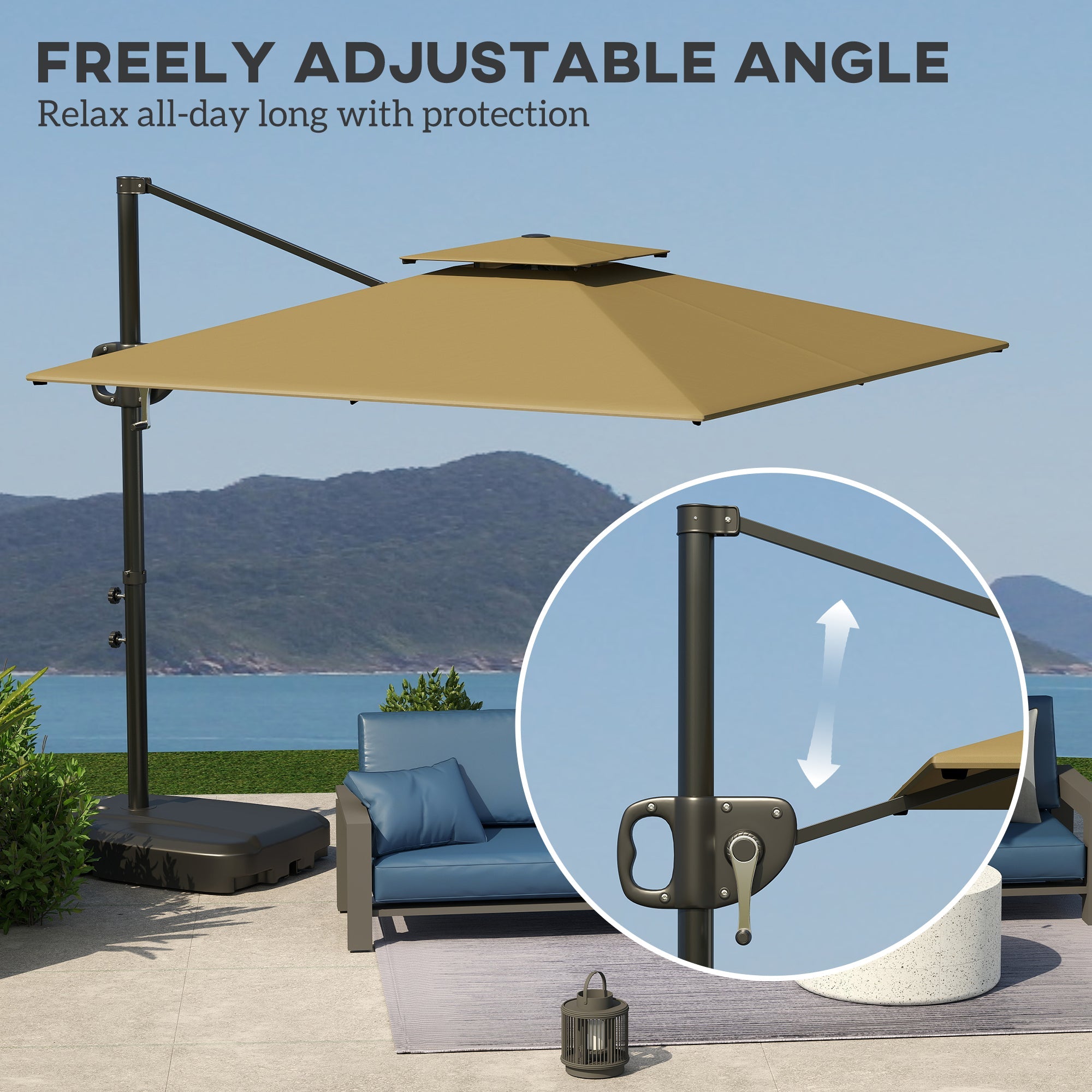 Outsunny Cantilever Parasol with Weighted Base Double Top Garden Parasol Square Hanging Patio Umbrella with Crank Tilt Khaki 