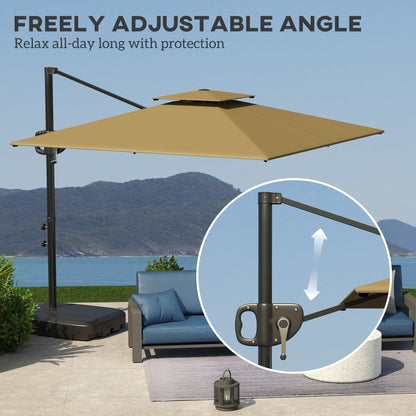 Outsunny Cantilever Parasol with Weighted Base Double Top Garden Parasol Square Hanging Patio Umbrella with Crank Tilt Khaki 