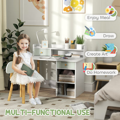 AIYAPLAY Two-Piece Children Study Table with Hutch, Kids Desk and Chair Set with Storage, Drawer, Shelves, Green 