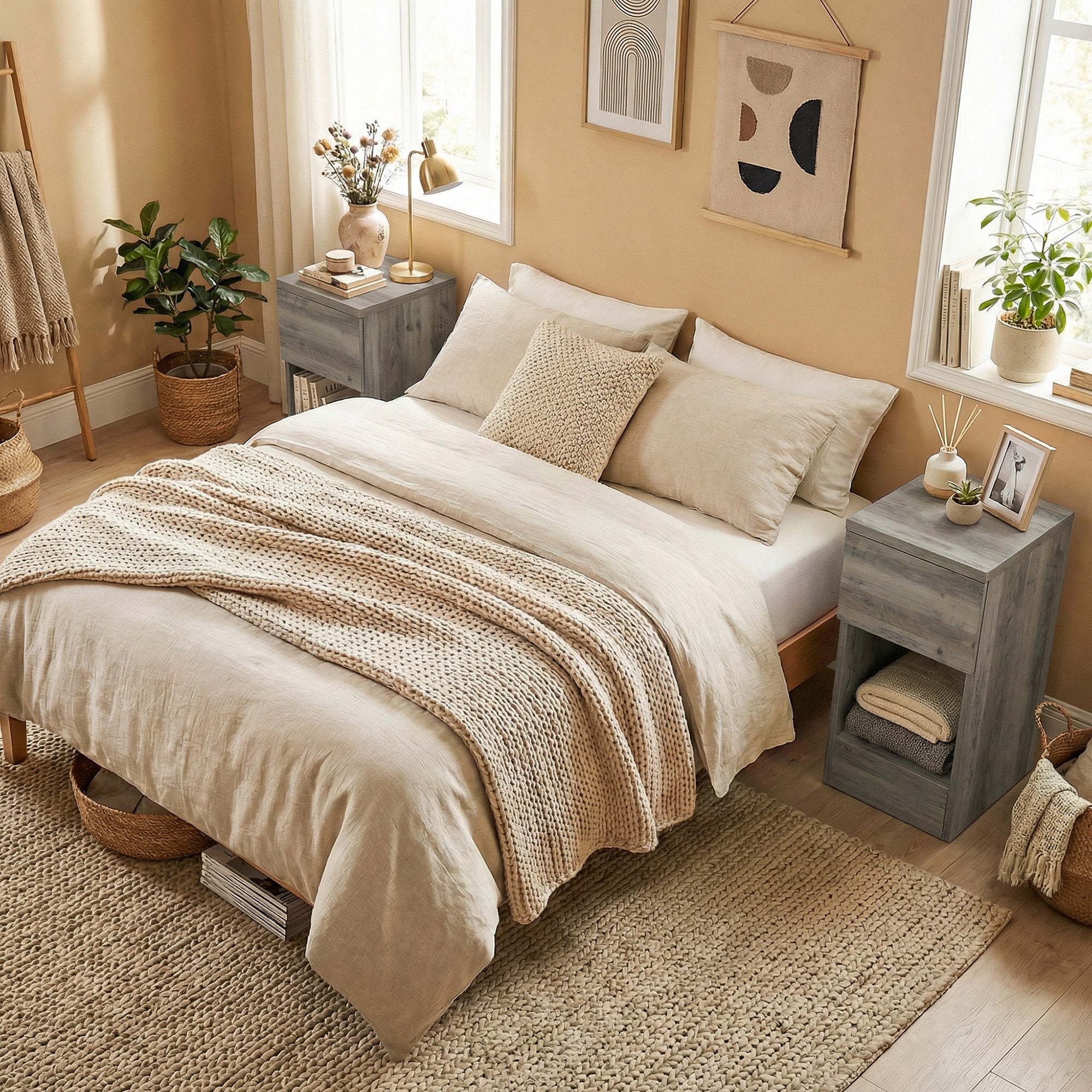 HOMCOM Set of Two Modern Storage Bedside Tables - Grey 