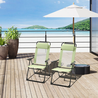 Outsunny Folding Garden Chairs Set of 2, 5-Position Recliner Camping Chair with High Back, All Weather Texteline Seat, Portable Outdoor Dining Chairs with Headrests for Patio, Picnic, Green 