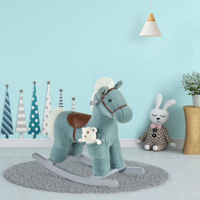 HOMCOM Kids Plush Ride-On Rocking Horse Toy Rocker with Plush Toy Realistic Sounds for Child 18-36 Months Blue 