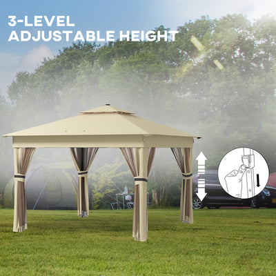 Outsunny 3 x 3(m) Pop Up Gazebo Party Tent with Solar-Powered LED Lights, Adjustable Event Shelter with Netting, Khaki 