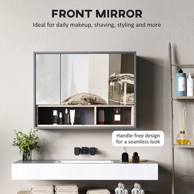 HOMCOM Bathroom Mirror Cabinet, Wall Mounted Bathroom Cabinet with Mirror, 3 Doors and Cupboards, Grey 