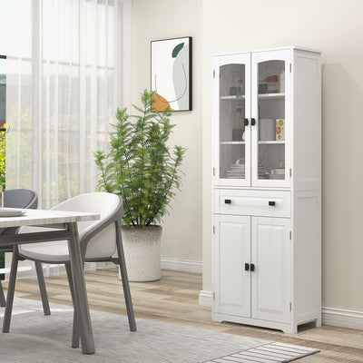 HOMCOM Kitchen Cupboard, Freestanding Storage Cabinet with 2 Adjustable Shelves, Drawer and Glass Door for Living Room, Dining Room, 160cm, White 