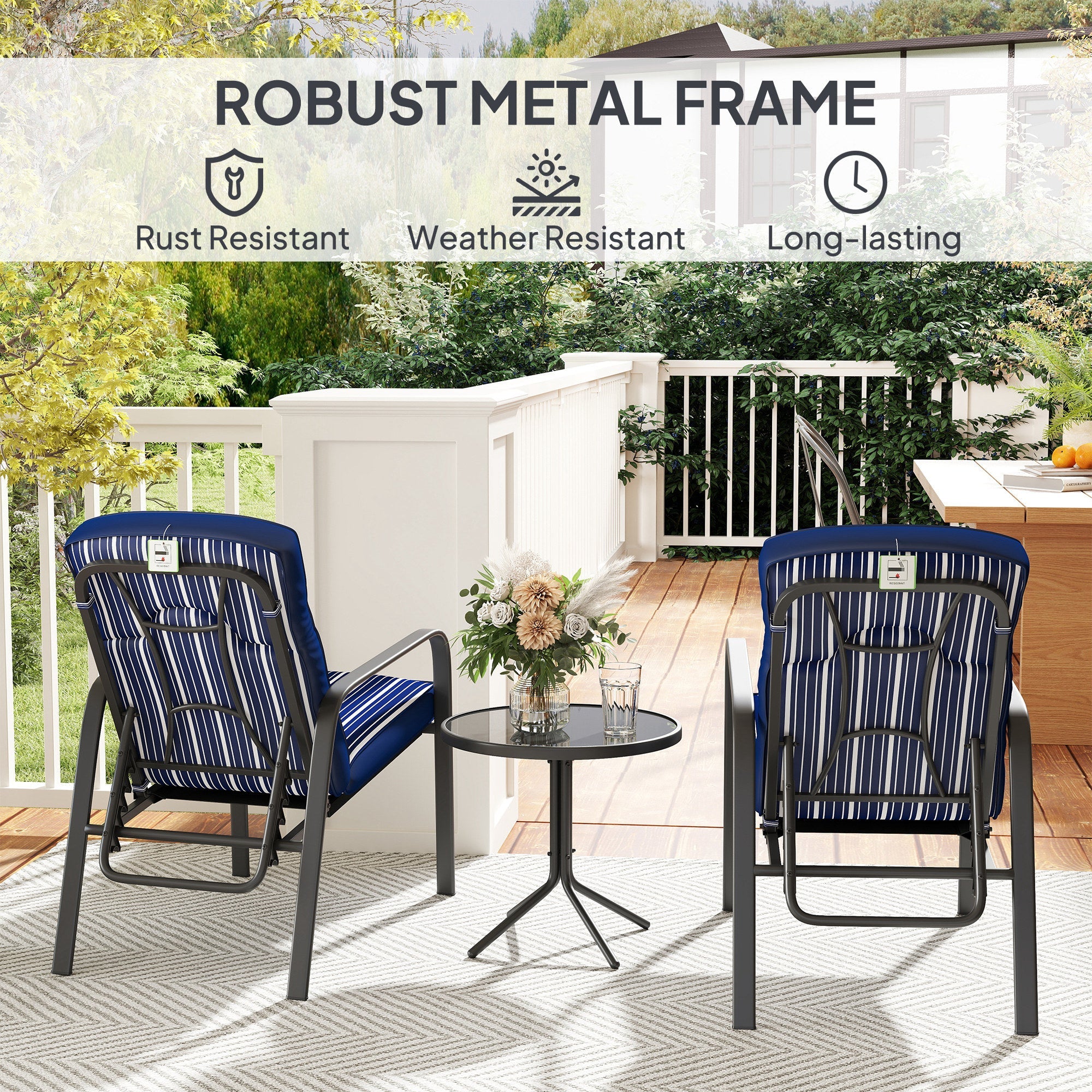 Outsunny 3-Piece Patio Bistro Set, 5-Position Adjustable Recliner Garden Chairs and Tempered Glass Table, Garden Furniture Set with Cushions, High Back, Armrests, Metal Frame for Balcony Patio, Blue 