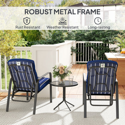 Outsunny 3-Piece Patio Bistro Set, 5-Position Adjustable Recliner Garden Chairs and Tempered Glass Table, Garden Furniture Set with Cushions, High Back, Armrests, Metal Frame for Balcony Patio, Blue 