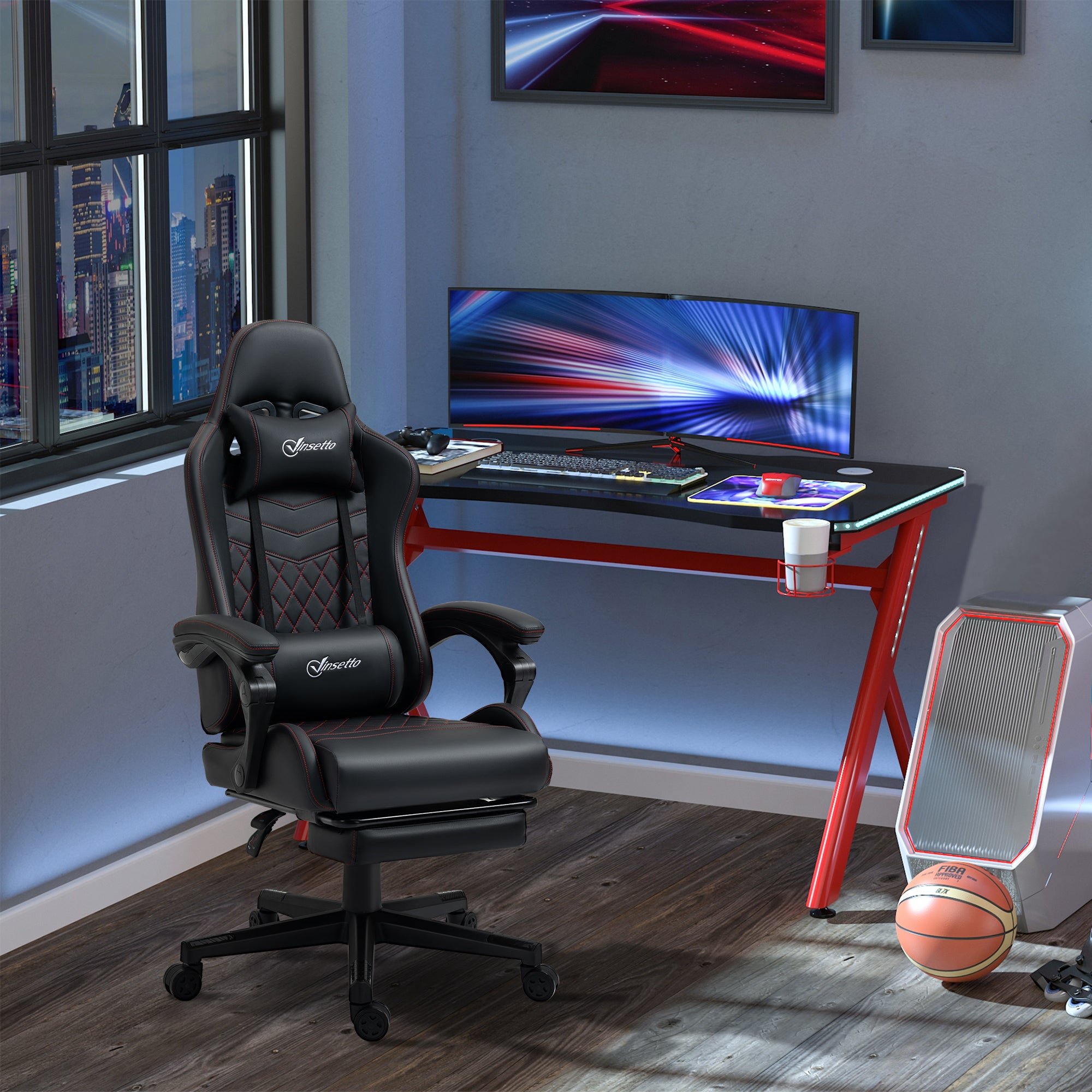 Vinsetto Computer Gaming Chair with Footrest, Video Gaming Chair for Adults with 130\'c2\'b0 Reclining Back, Desk Chair with Lumbar Support and Adjustable Height, Black Red
