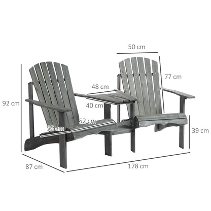 Outsunny Wooden Outdoor Double Adirondack Chairs Loveseat w/ Centre Table and Umbrella Hole, Garden Patio Furniture for Lounging and Relaxing, Grey 