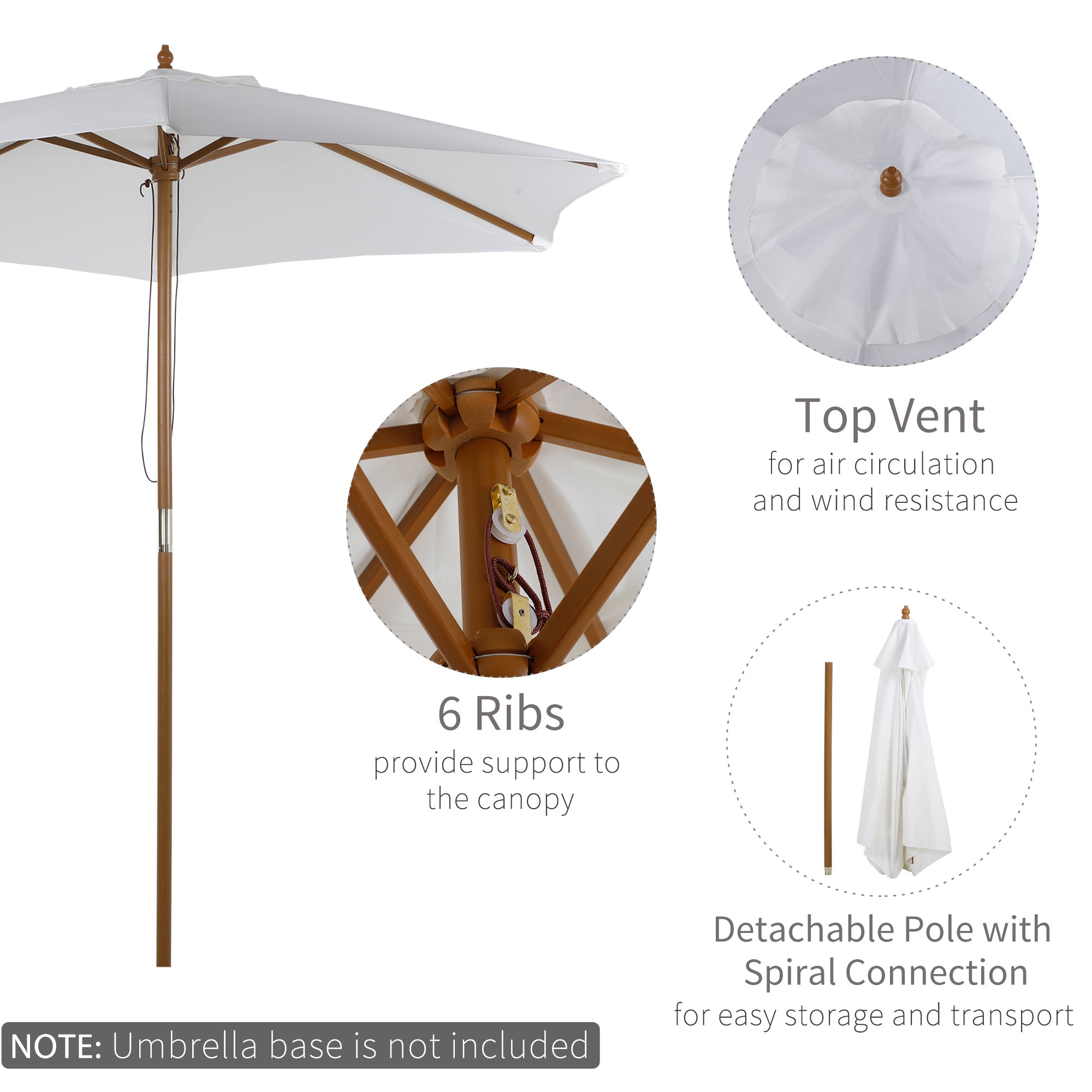 Outsunny 2.5m Patio Umbrella, Wood Garden Parasol, Sun Shade with 6 Ribs and Top Vent for Outdoor, White 