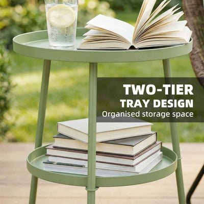 Outsunny Patio Side Table, 2-Tier Round Coffee End Table for Garden Balcony Living Room Bedroom, Light Green 