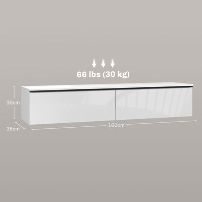 HOMCOM 160cm High Gloss Floating TV Unit Stand for TVs up to 70", Wall Mounted TV Cabinet with Storage Cupboards, White 
