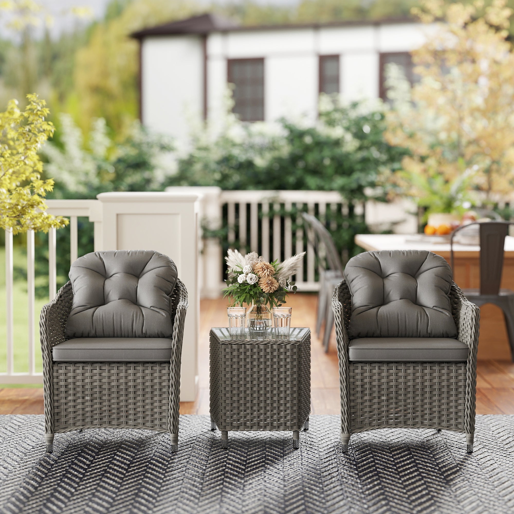 Outsunny Three-Piece Super Padded Rattan Set - Light Grey 