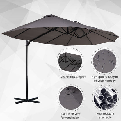 Outsunny Double Canopy Offset Parasol Umbrella Garden Shade w/ Steel Pole 12 Ribs Grey 