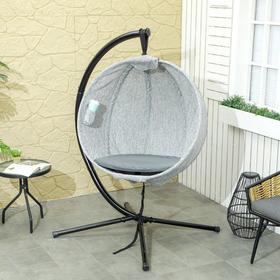 Outsunny Hanging Egg Chair Outdoor Indoor Garden Swing Chair with Folding Basket, Garden Hanging Chair with Stand, Thickened Cushion, Cup Holder for Patio, Balcony, Grey 